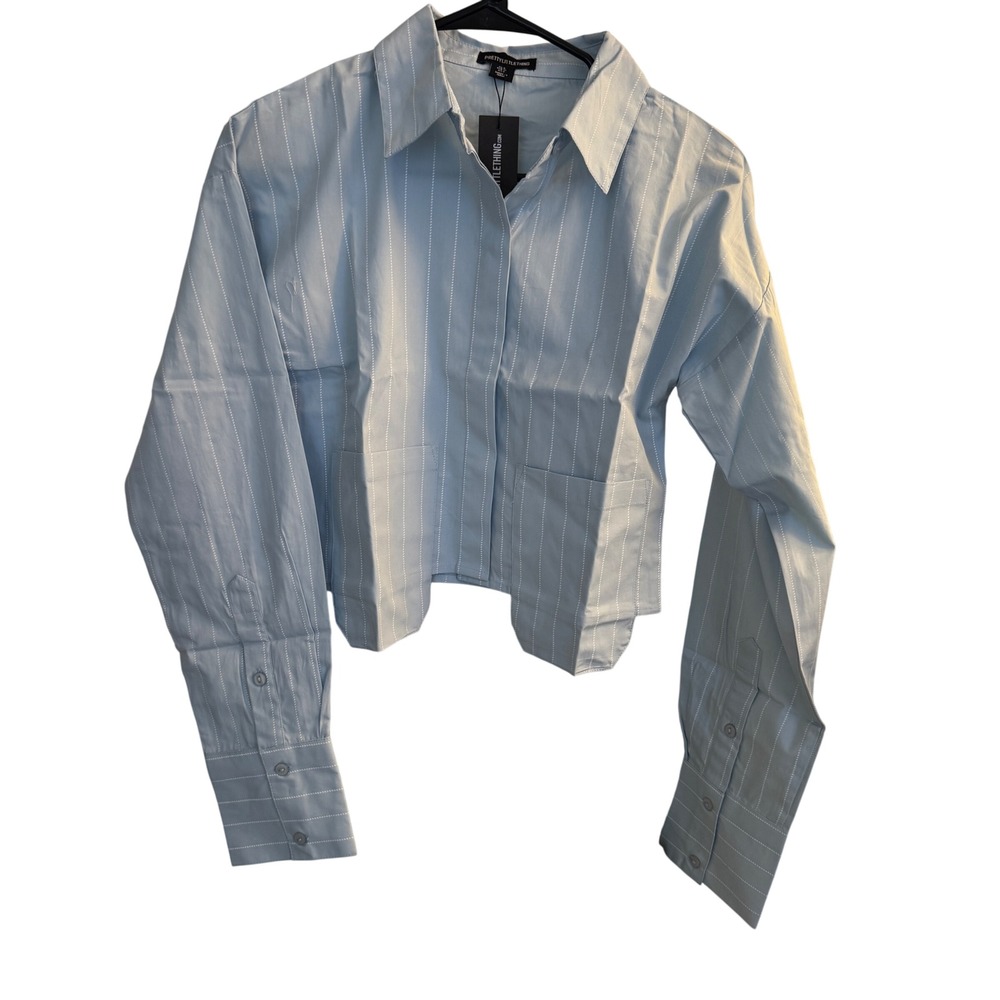 PrettyLittleThing‎ Shirt Women's 4 Blue Poplin Pocket Detail Cropped
